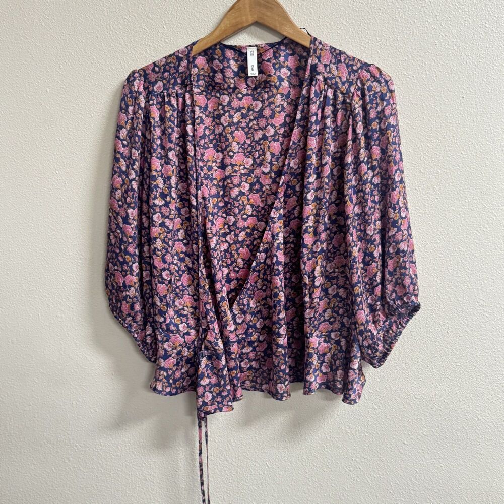 Mango Floral Wrap Peplum Blouse Pink Multicolor Size 20